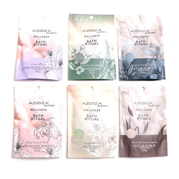 Azoza Eco Wellness badsalt och badskrubb – 6-pack i portionspås