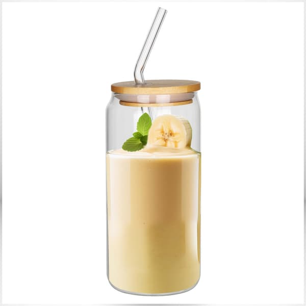 Glasmugg 460 ml med bambulock och sugrör – för kalla & varma dr