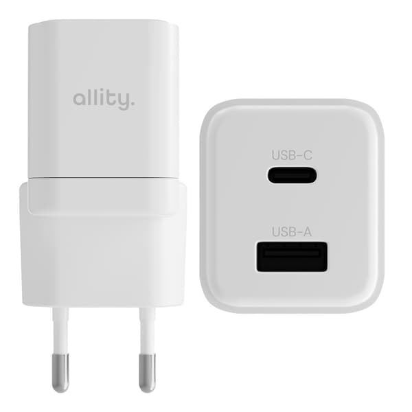 Allity GaN-oplader 20W PD QC med USB-C og USB-A