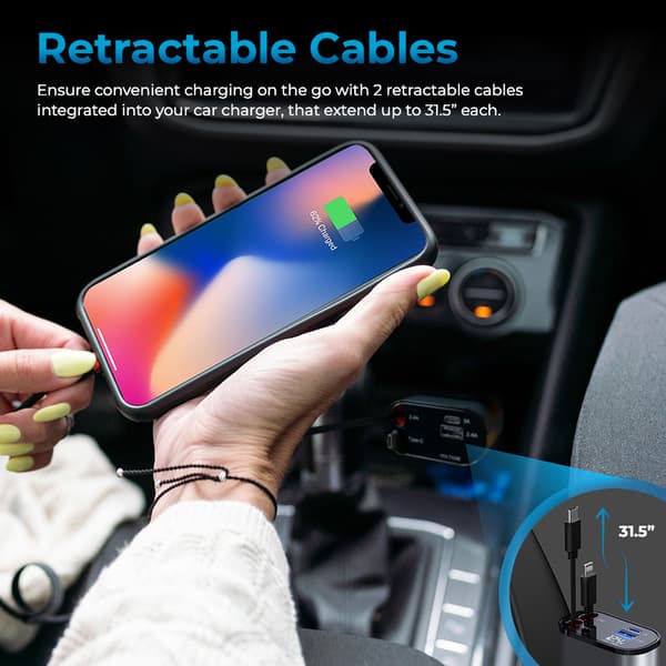 AutoSky 4-i-1 billaddare med utdragbara Lightning- och USB-C-ka