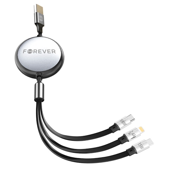 Forever 3i1 USB-Kabel, USB till Lightning + 2xUSB-C 1,2 m 100W