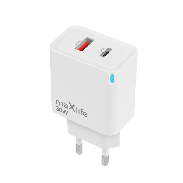 Maxlife GaN Laddare med PD QC 1xUSB-C 1xUSB 30W - Vit