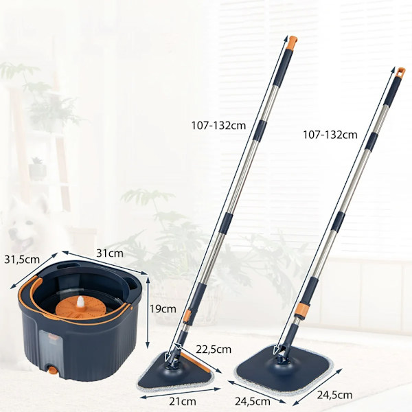 Moppe med spand / roterende moppesæt / gulvmoppe – blå