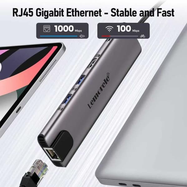 Lemorele TC65L -telakointiasema, USB-C, HDMI 4K, Gigabit Ethern