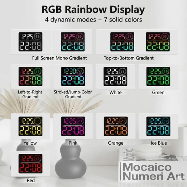 Stor digital väggklocka med RGB LED - vit ram / LED-klocka med