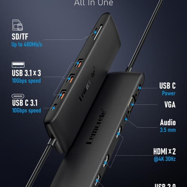 Lemorele Dockningsstation TC97 USB-C med HDMI 4K, Gigabit Ether