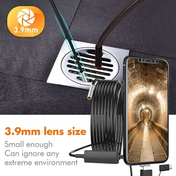 Vattentät inspektionskamera – 5 meter flexibel kabel, HD-upplös