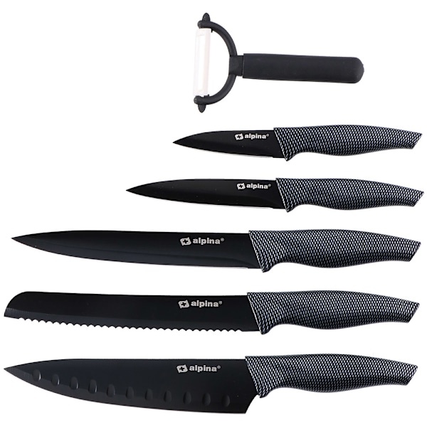 Knivsæt med 5 knive og en skræller i rustfrit stål