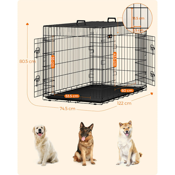 Foldbart hundebur med dobbeltdøre 122 × 74,5 × 80,5 cm – Sort