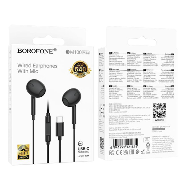 Borofone BM100 In-Ear Headset med USB-C 1,2 m - Sort