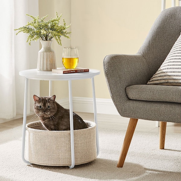 Rundt sidebord med stofkurv - Hvid
