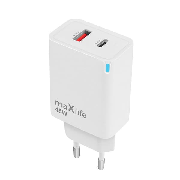 Maxlife GaN Laddare med PD QC 1xUSB-C 1xUSB 45W - Vit