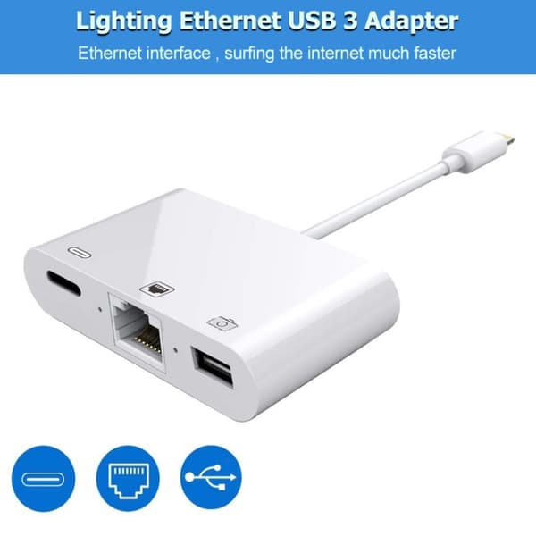 Moniporttisovitin iPhone ja iPadin Lightning Ethernetiin, USB:h