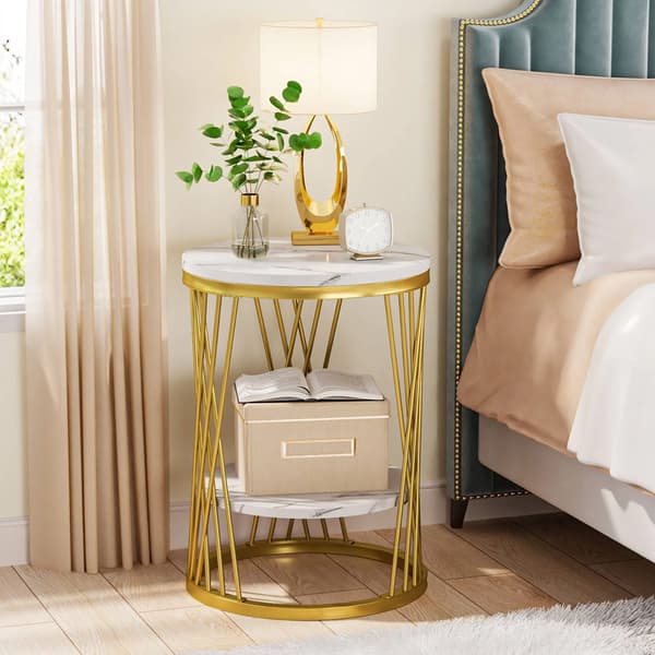 Runt Sidobord i marmorlook och guld / Tvåvånings soffbord för s