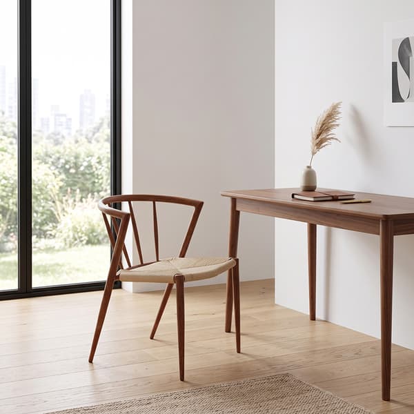 Matstol med karmstolsdesign / brun stol med flätad sits i natur