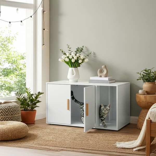 Vitt kattlådeskåp med dubbeldörrar / Möbel för kattlåda / Katth