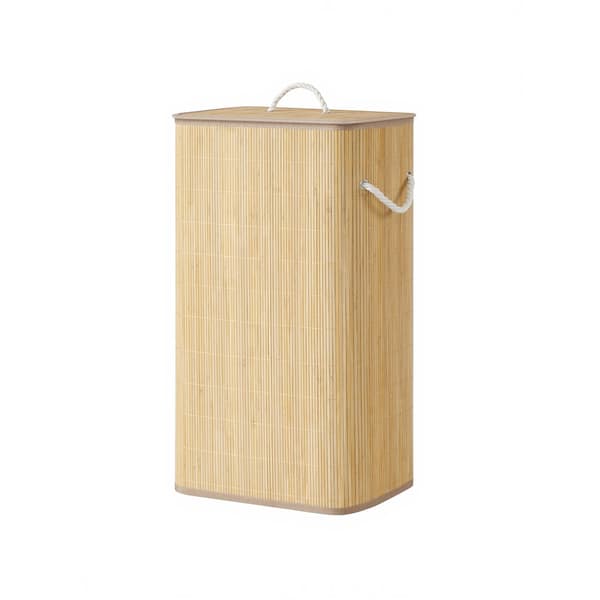 Hopfällbar tvättkorg i bambu med lock 90L - Natur / Rektangulär