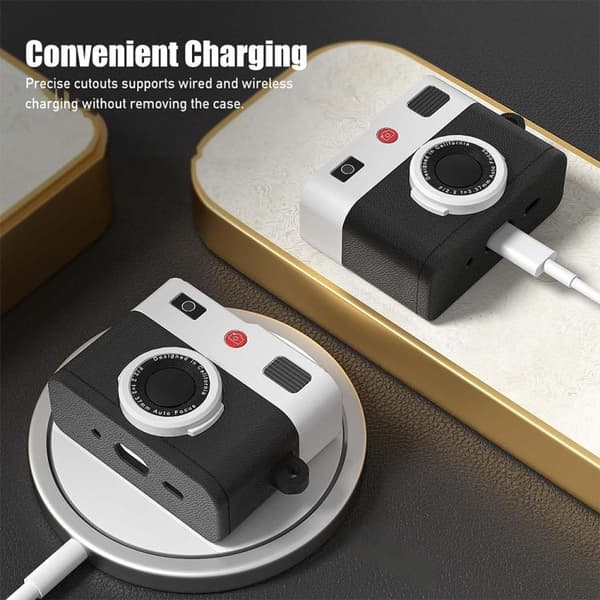 Etui til AirPods 4 i retro kameradesign – Sort silikone