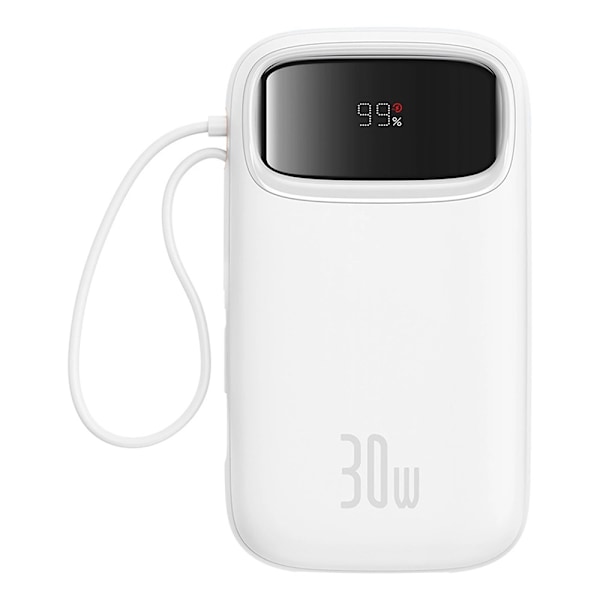 Baseus QPow 2 Powerbank 20000mAh 30W med indbyggede USB-C-kable Hvid