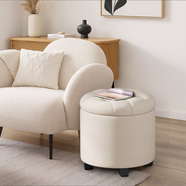 Rund puf 45 x 45 x 44,5 cm med opbevaring - Lys beige