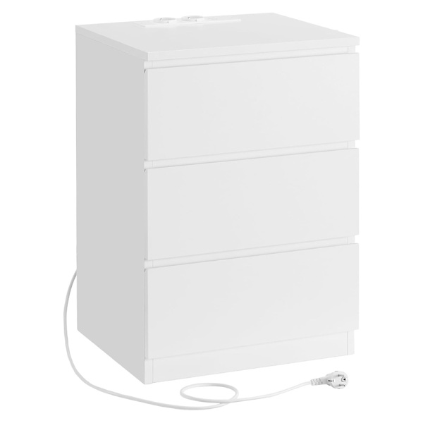 Sengebord med 3 skuffer og strøm- samt USB-stik – Hvid