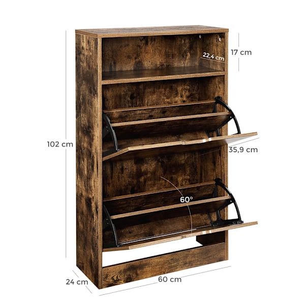 Kenkäkaappi taittuvilla ovilla ja avoimella lokerolla 60 x 24 x