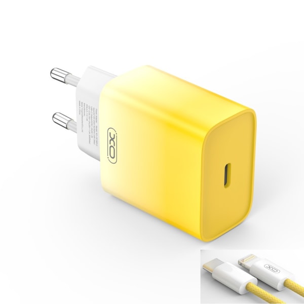 XO USB-C-laturi PD 30W Lightning-kaapelilla - keltainen/valkoin