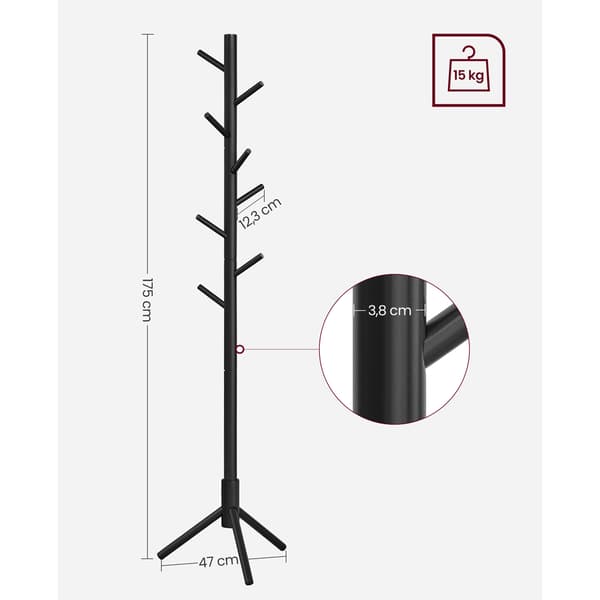Fritstående knagerække i træ - 175 cm, Sort med 8 kroge