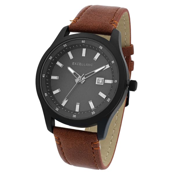 Excellanc Herrklocka 44 mm – svart med brunt konstläderarmband