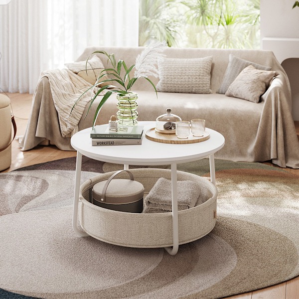 Rundt sofabord med opbevaringskurv - hvid/beige