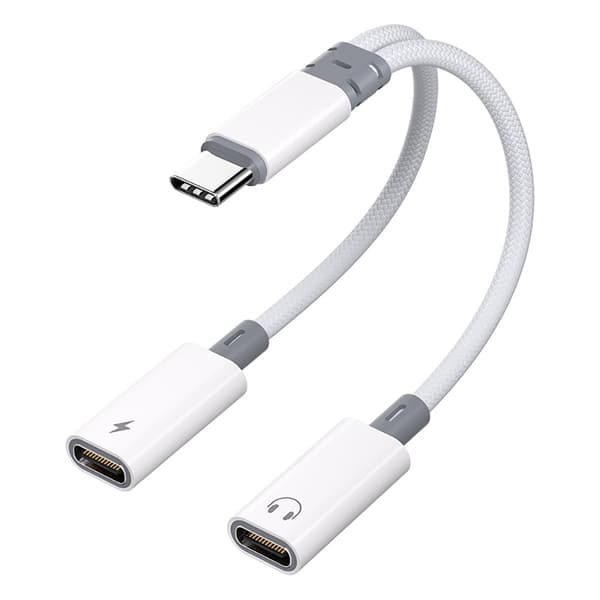 2-i-1-lyd- og opladningsadapter med 1xUSB-C til 2xUSB-C