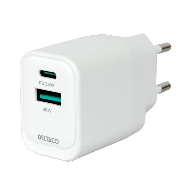 Deltaco USB GaN-vægoplader med 1 x USB 30 W, 1 x USB-C PD 35 W