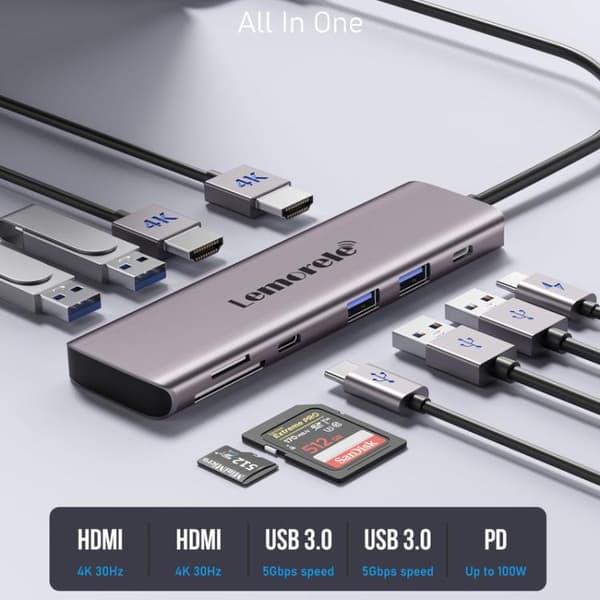 Lemorele Dockningsstation TC91 USB-C för trippelskärm med Ether