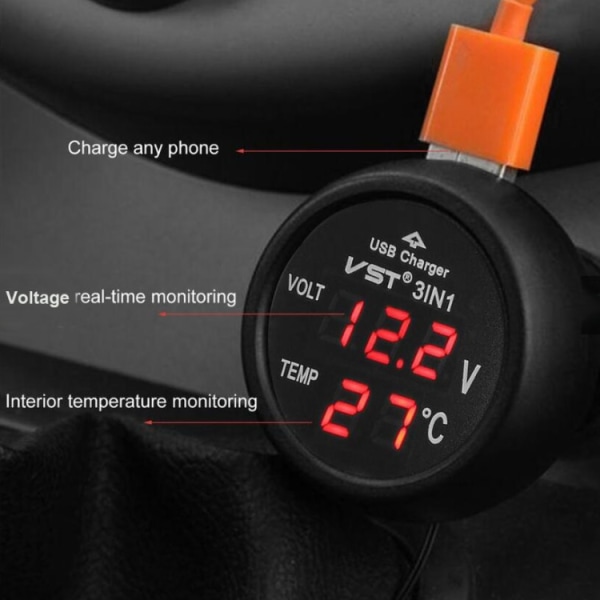 3-in-1 USB-autolaturi, jossa on volttimittari ja lämpötilan mit
