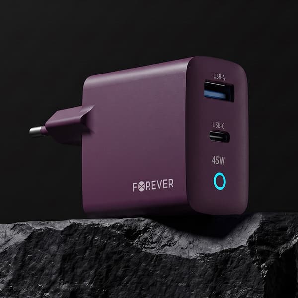 Forever Vibe -seinälaturi, GaN PD QC, 1x USB-C, 1x USB, 45 W –
