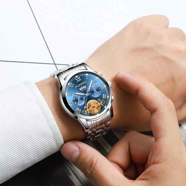 Armbåndsur med selvlysende visere - Sort rem, sølvfarvet ramme