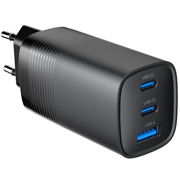 USB Snabbladdare 65W med PD QC 3.0 1xUSB 2xUSB-C - Svart