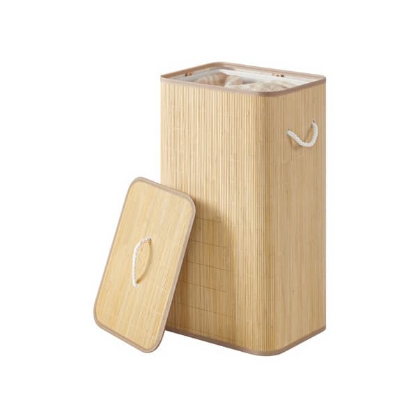 Hopfällbar tvättkorg i bambu med lock 90L - Natur / Rektangulär