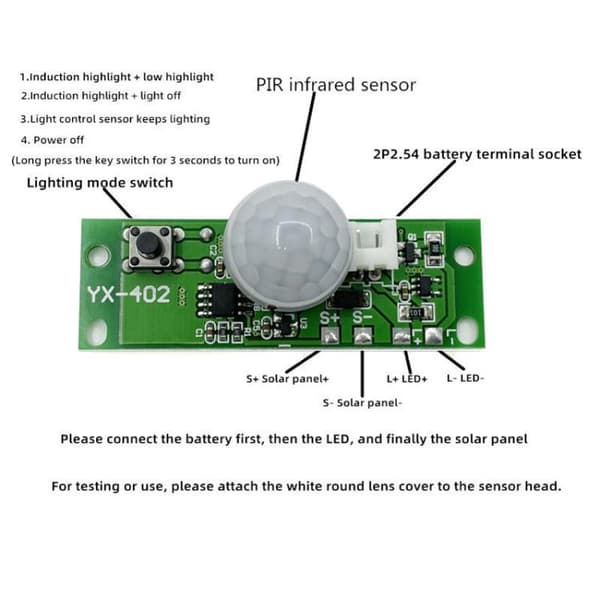 Styrkort med PIR-rörelsesensor för solcellsbelysning – 3.7V