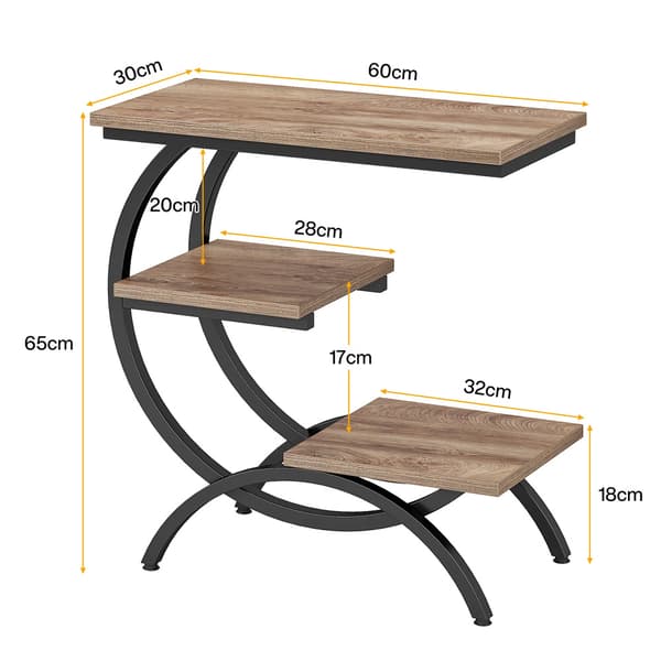 Industrielt sidebord med 3 hylder / C-formet sidebord til sofaen