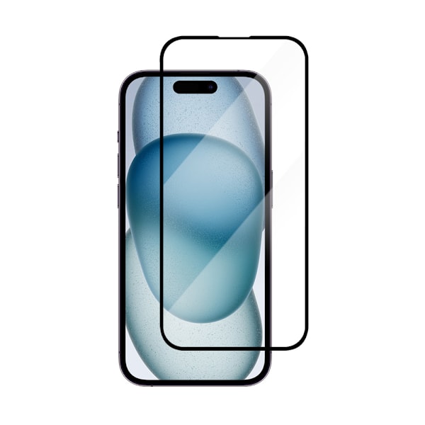 Karkaistu suojakalvo mustalla kehyksellä iPhone 15:lle