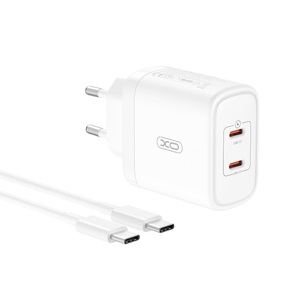 XO USB-laddare med 2xUSB-C PD 50W + USB-C-kabel