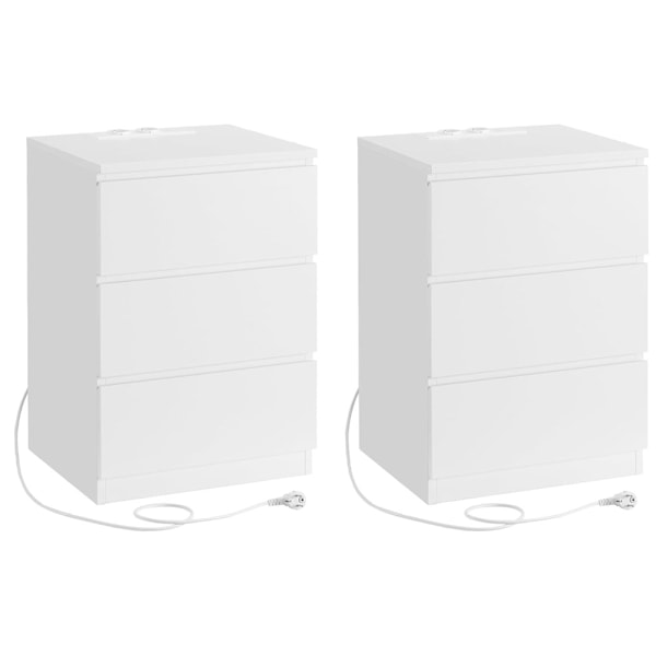 Sängbord med 3 lådor, El- och USB-uttag 2-pack - Vit