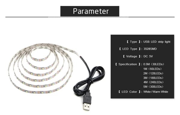 USB-drevet tv-lys 5 meter - varm hvid