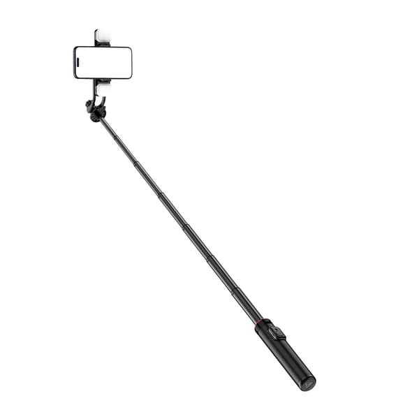 Teleskooppinen selfiekeppi jalustalla, kahdella LED-valolla ja