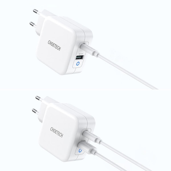 Choetech 65W GaN USB-C / USB-A PD QC Väggladdare Vit