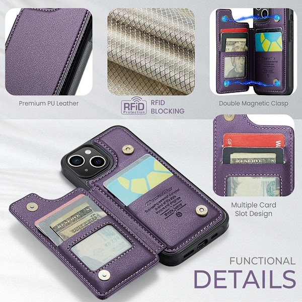 CASEME iPhone 15 Skal RFID Kickstand Plånbok Lila