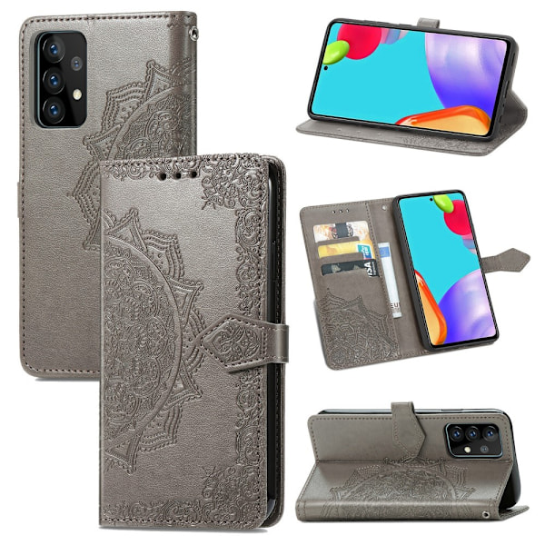 Samsung Galaxy A52 / A52s - Mandala Läder Fodral - Grå Grey Grå