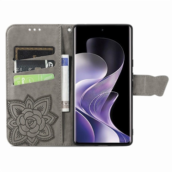 Xiaomi Redmi Note 14 Pro 5G Fodral Läder Fjäril Tryck Grå