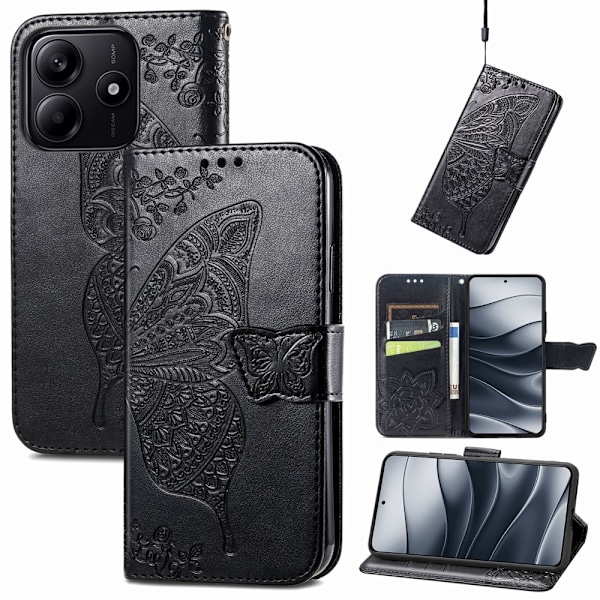 Xiaomi Redmi Note 14 5G Fodral Läder Fjäril Tryck Svart